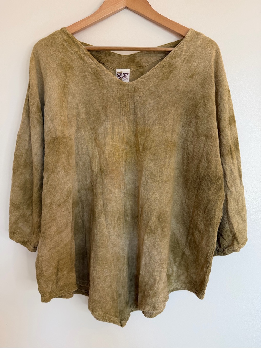 Oh My Gauze Shirt Womens Sz 3 Handkerchief Hem Boho 100% Cotton Top Brown Tan
